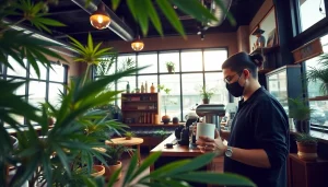 Barista serving in Cannabis Coffee Shop lloret de mar, with a cozy atmosphere and green decor.