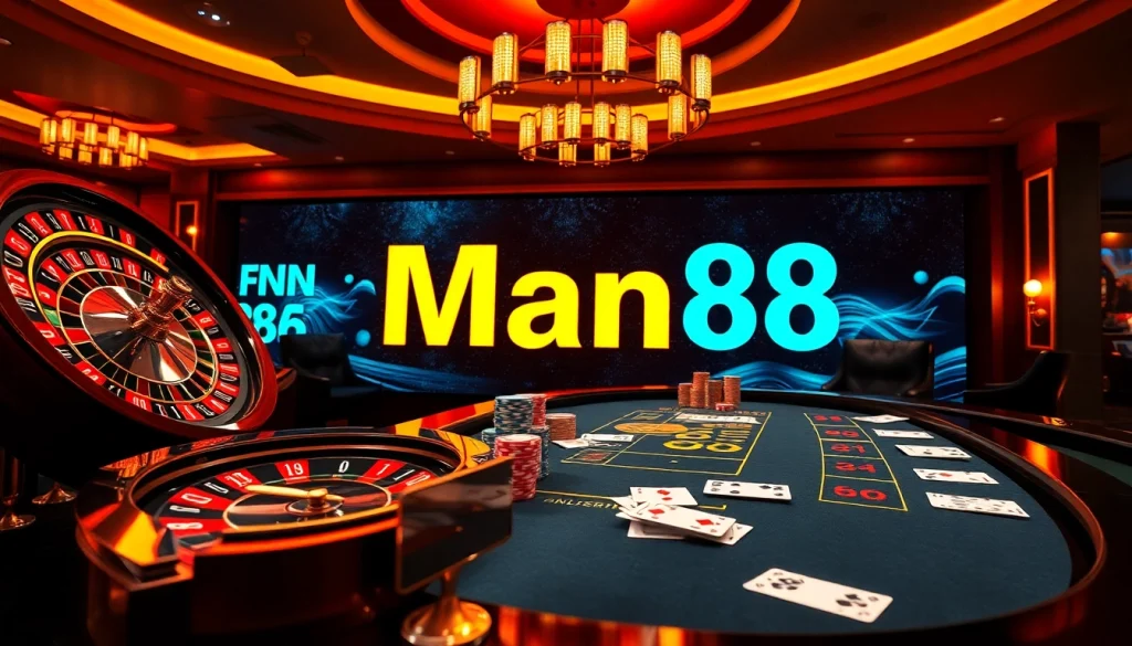 Experience thrilling gameplay at Man88 with colorful poker chips and vibrant roulette wheels.