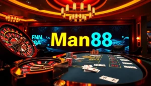 Experience thrilling gameplay at Man88 with colorful poker chips and vibrant roulette wheels.