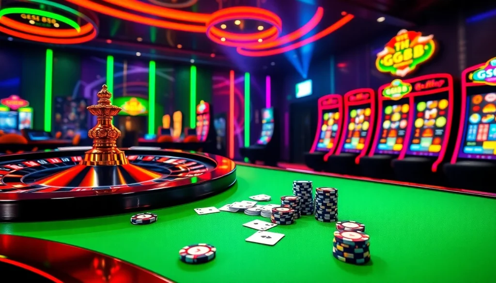 Experience thrilling online gaming at https://gg888.info/ featuring poker chips and roulette wheels.