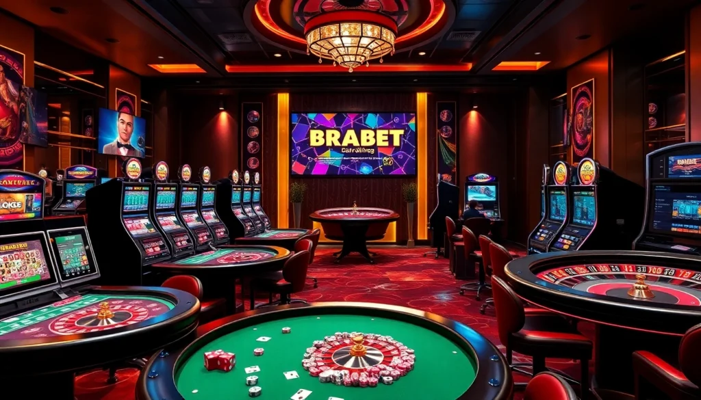 Experience BRABET's thrilling online gambling atmosphere featuring casino tables and modern betting interfaces.