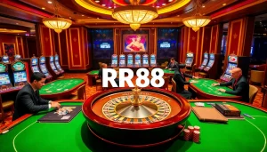 RR88 players enjoying a thrilling casino experience with roulette and slot machines.