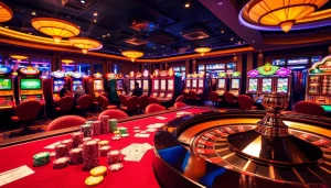 Players engaging in thrilling games at a SHBET casino table with vibrant poker chips and cards.