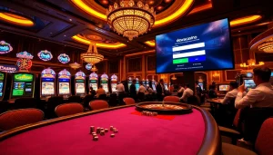 Experience the excitement of dewacasino login at a luxurious casino with vibrant slot machines.