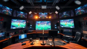 Engaging scene of sports broadcasting with announcer and dynamic sports screens.