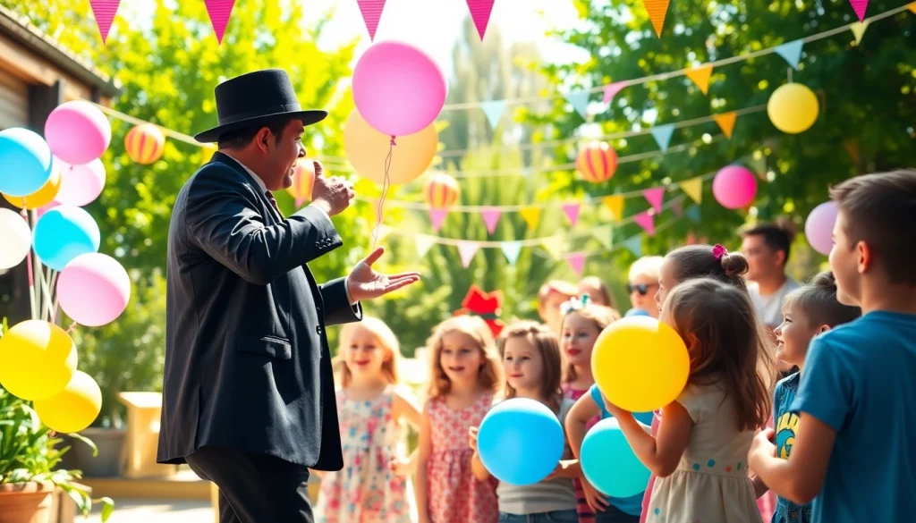 Engaging birthday party entertainers delight children at a colorful outdoor event.