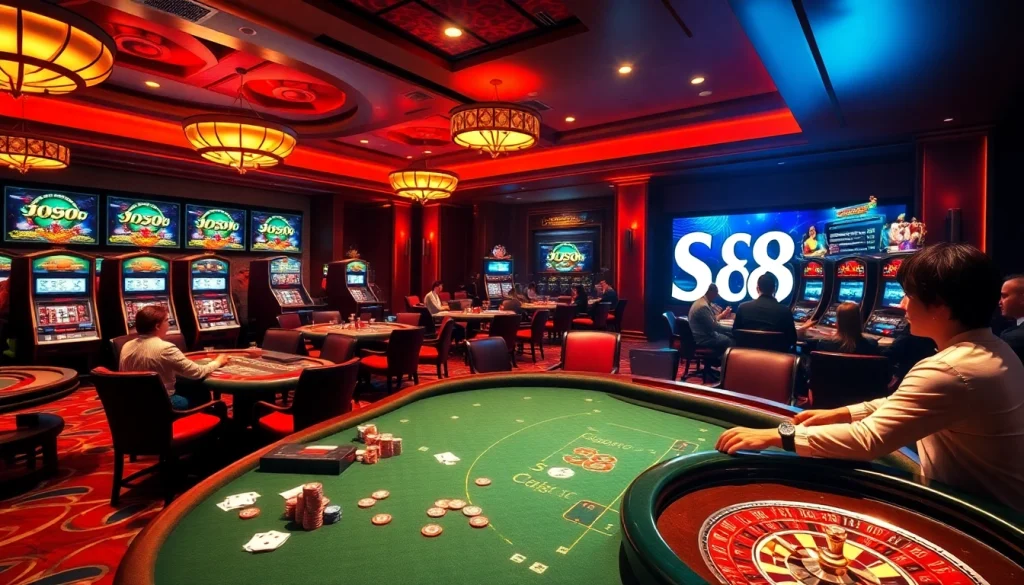 S88 Casino players celebrating wins at poker and roulette tables amidst a vibrant gaming atmosphere.