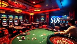 S88 Casino players celebrating wins at poker and roulette tables amidst a vibrant gaming atmosphere.