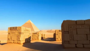 Pyramids of Giza showcasing ancient stone craftsmanship in a vast desert landscape.
