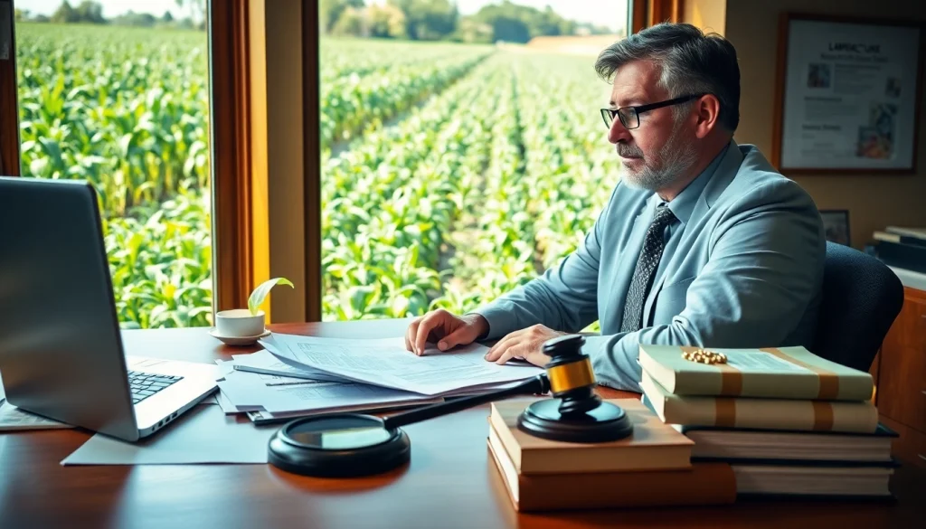 Engaged agriculture lawyer reviewing legal documents for farming clients.