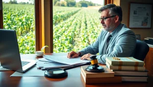 Engaged agriculture lawyer reviewing legal documents for farming clients.