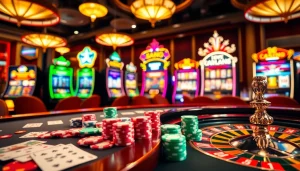 Experience thrilling gameplay with link thabet at a luxurious casino featuring vibrant poker tables and roulette.