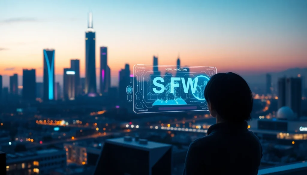 Futuristic digital landscape showcasing NSFW AI interaction with holographic displays