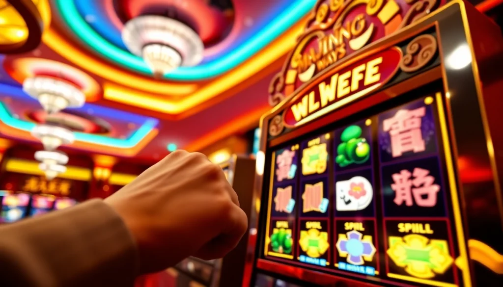 Mahjong Ways 2 slot machine in an exciting casino setting, showcasing vibrant reels and players engaged in gameplay.