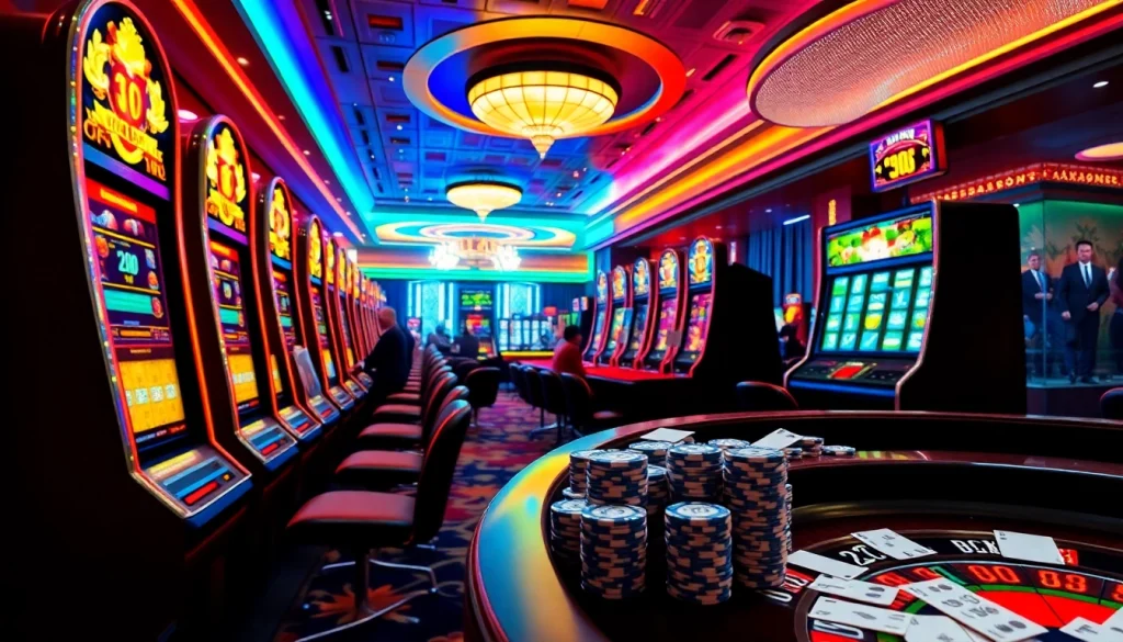 Experience the thrill of slot depo 5k with vibrant slot machines and eager players in a luxurious casino.
