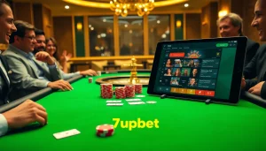 Experience the thrilling atmosphere of gambling at 7upbet with poker chips and cards on a casino table.