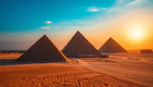Pyraminds at Giza illuminated by sunset showcasing rich textures and majestic architecture.