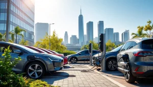 Showcase of EV charging solutions with electric vehicles in a modern urban setting.