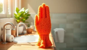 Exfoliating hand loofah glove on a wooden vanity in a spa-like bathroom setting.