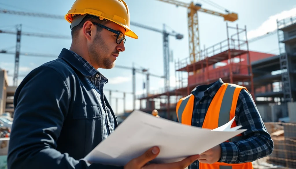 New Jersey General Contractor analyzing plans at a busy construction site with tools visible.