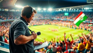 Jotting down live scores and highlights, the journalist captures ผลบอลวันนี้ in an electric stadium atmosphere.