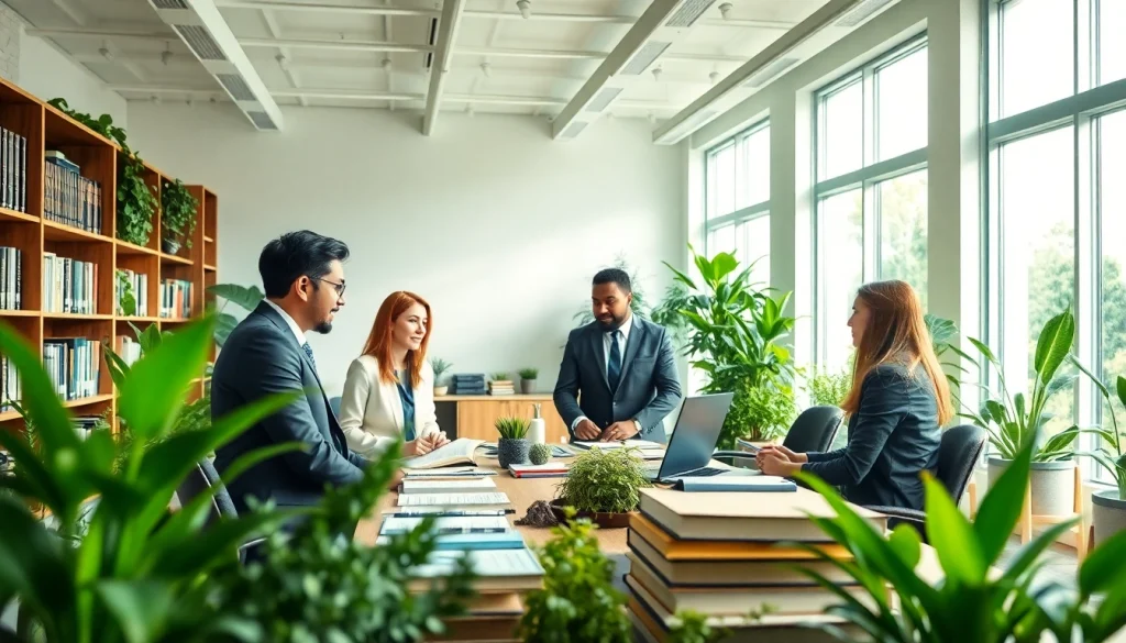 Lawyers discussing strategies at an environmental law firm office promoting sustainability.