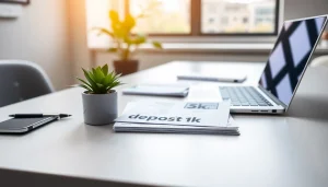 Mengelola deposit 1k dengan dokumen keuangan di meja modern, menampilkan suasana profesional.