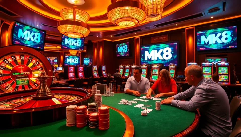 Experience excitement at MK8's vibrant casino gaming scene with roulette, poker, and slot machines.