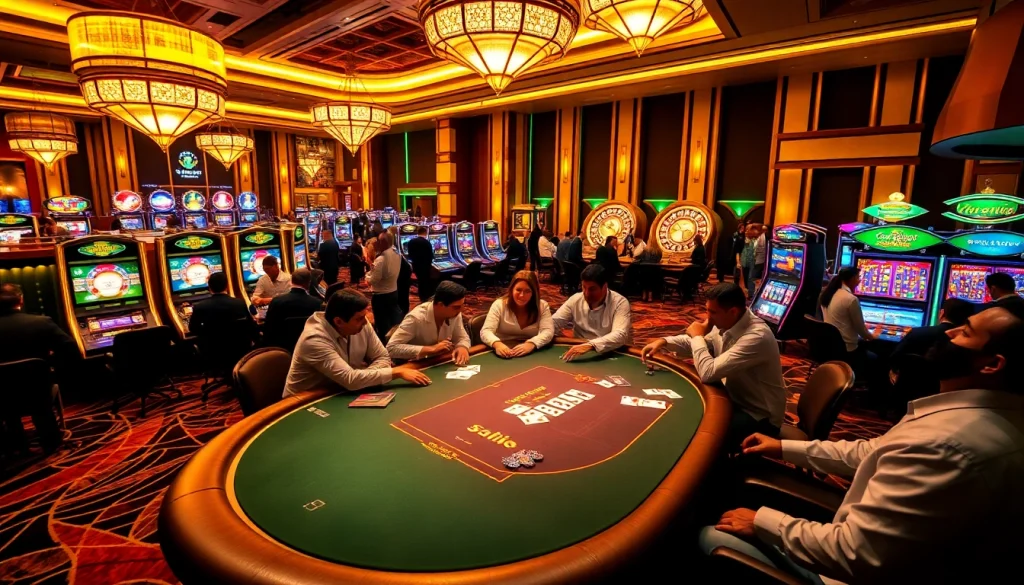 SODO CASINO patrons eagerly playing poker and slot machines in a luxurious gaming environment.