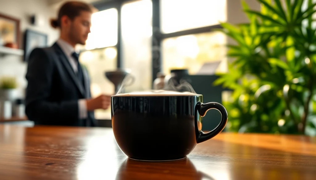 Enjoying cannabis coffee at a chic Cannabis Coffee Shop Madrid with a barista serving specialty drinks.