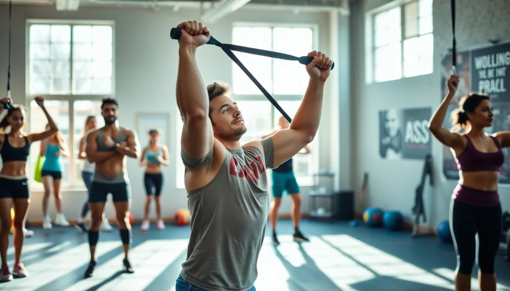 Active individuals using pull-up assist bands in a vibrant gym setting, showcasing fitness and motivation.