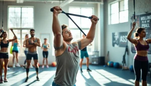 Active individuals using pull-up assist bands in a vibrant gym setting, showcasing fitness and motivation.