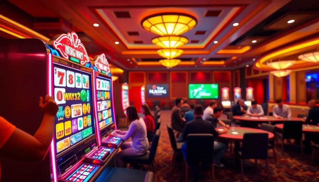 Players deeply engaged in Mahjong Ways 2 slot game amidst an energetic casino setting, showcasing colorful reels and vibrant ambiance.