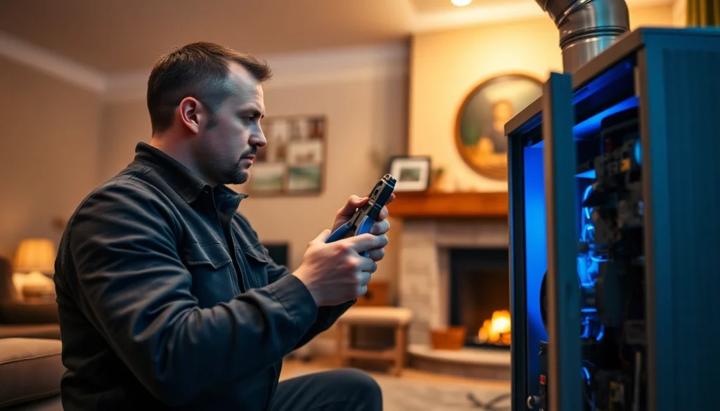 Technician providing heating repair lewisboro in a residential setting with warm lighting.