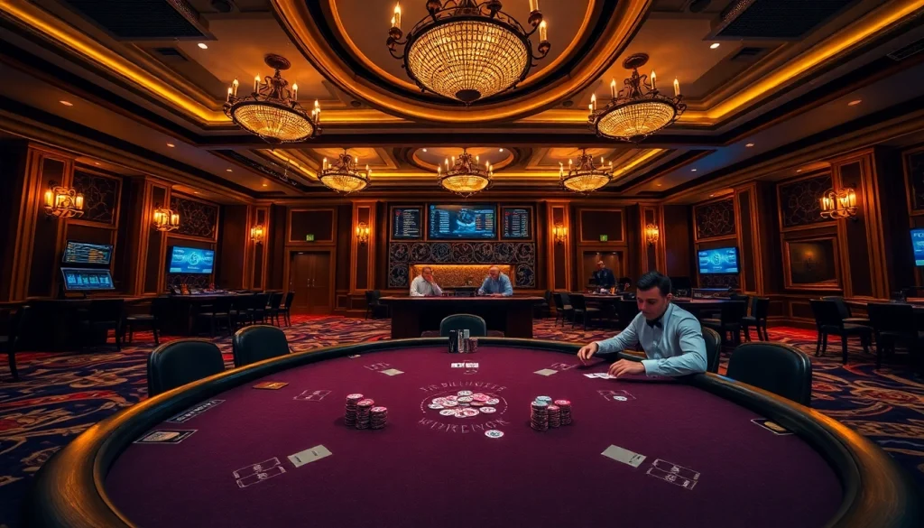 Exciting poker action at a lavish casino table featuring the hidden wiki's immersive gambling strategies.