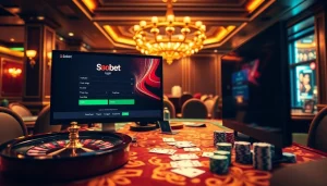 Engage in thrilling sbobet login action with a luxurious casino setting showcasing poker chips and cards.