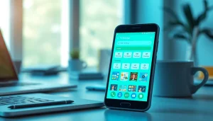 FM WhatsApp download displayed on a smartphone with vibrant themes in a modern workspace setting.