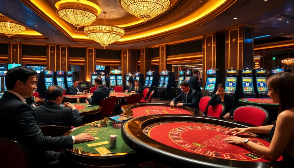 Experience high-stakes gaming at kjc rr88 with luxurious casino tables and vibrant slot machines.