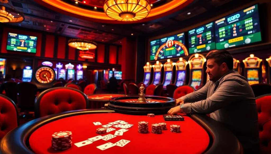 KQBD live update interface in an upscale casino, featuring poker and roulette tables, capturing intense gameplay.