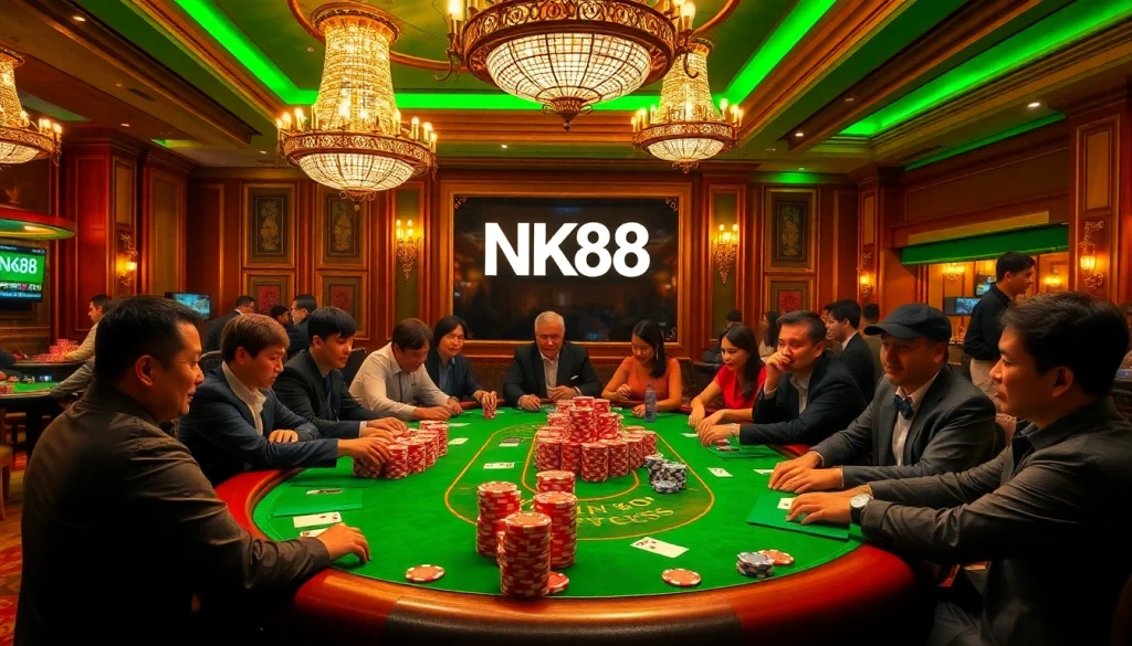 Poker players strategize at a glamorous casino table, featuring NK88 branding amidst colorful chips.