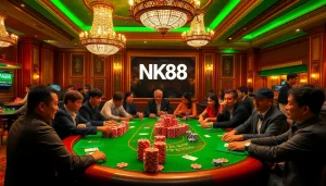 Poker players strategize at a glamorous casino table, featuring NK88 branding amidst colorful chips.