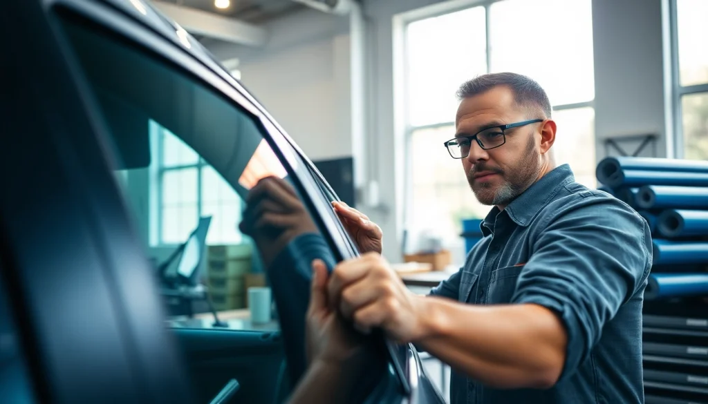 Experience expert auto window tint near me as a technician expertly applies tint film in a bright, modern workshop.