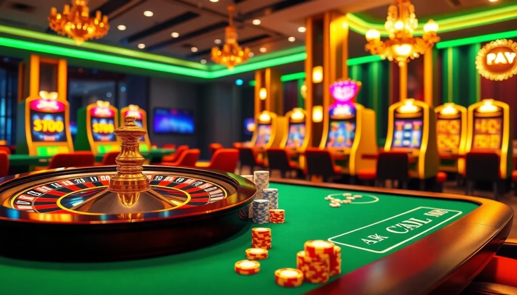 A vibrant online casino scene showcasing excitement and luxury at https://jogoluck.br.com/ with roulette, poker chips, and slots.