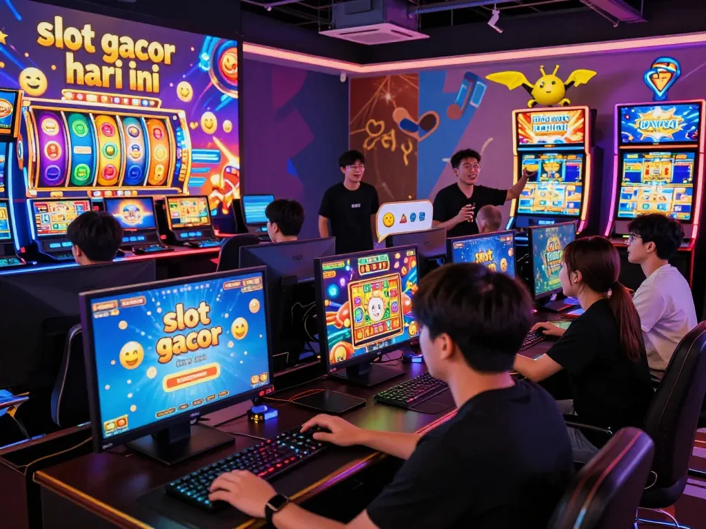 Pemain menikmati permainan online dengan promosi "slot gacor hari ini" di suasana kasino virtual yang ramai