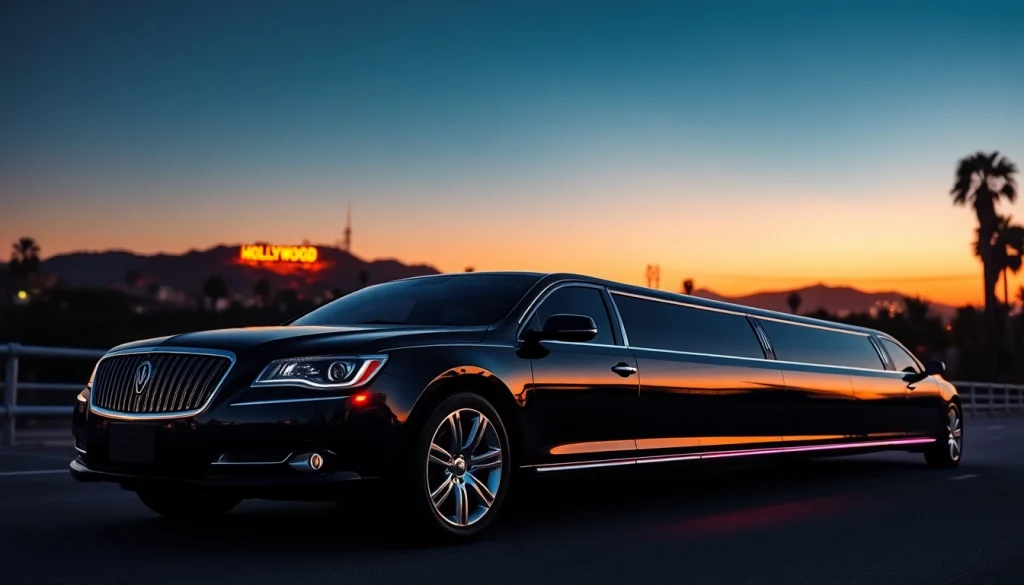 Luxurious Los Angeles limo with Hollywood backdrop, showcasing elegance and premium service.
