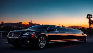Luxurious Los Angeles limo with Hollywood backdrop, showcasing elegance and premium service.