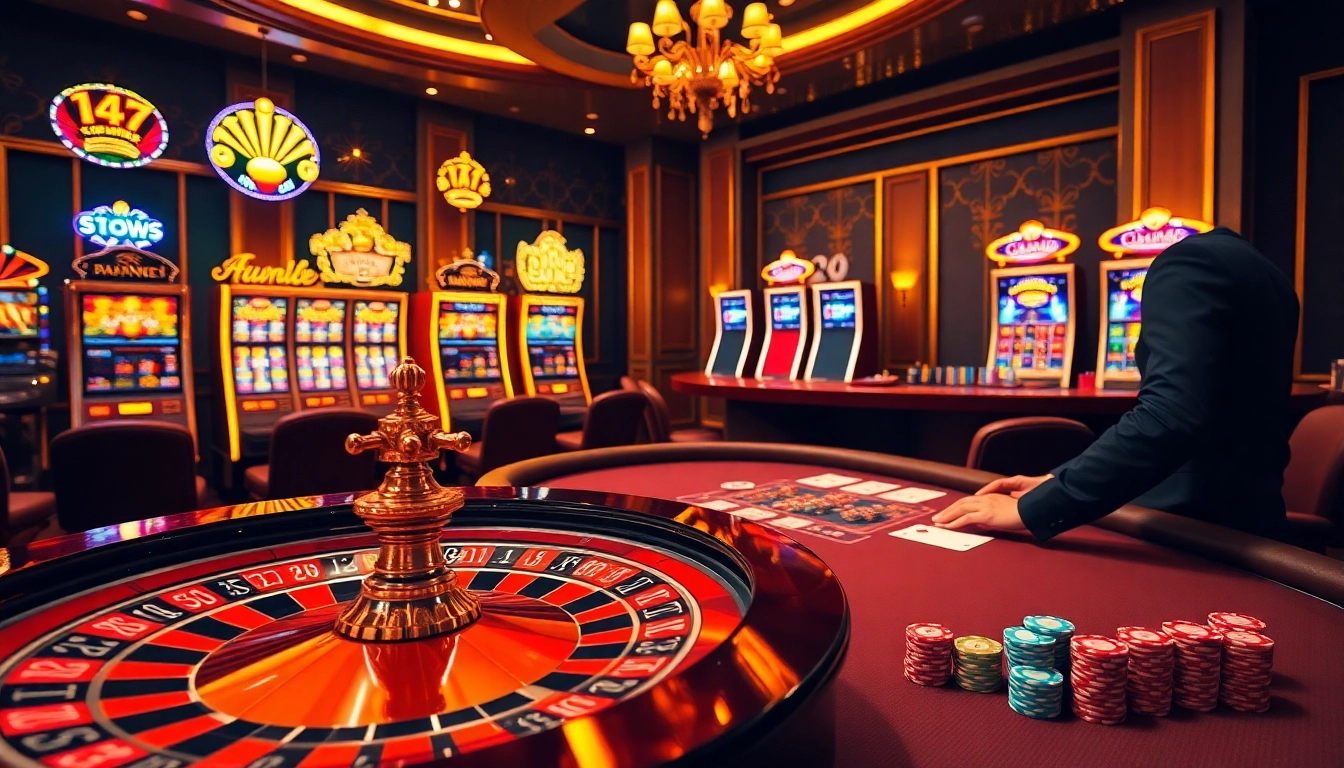 Engaging casino scene with engaging elements like đăng ký qq88, roulette wheel, and poker chips.