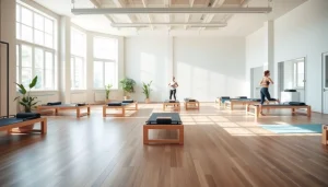 フィットネス愛好家向けの、ピラティス おすすめ機材と落ち着いた雰囲気を備えた魅力的なスタジオ。