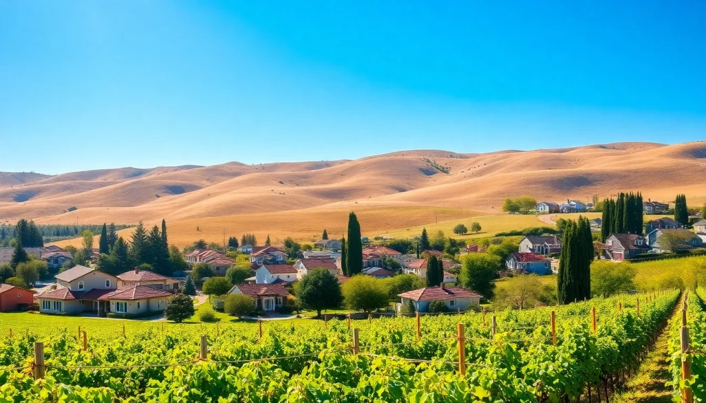 Captivating view of Clarksburg California showcasing lush vineyards and charming homes.