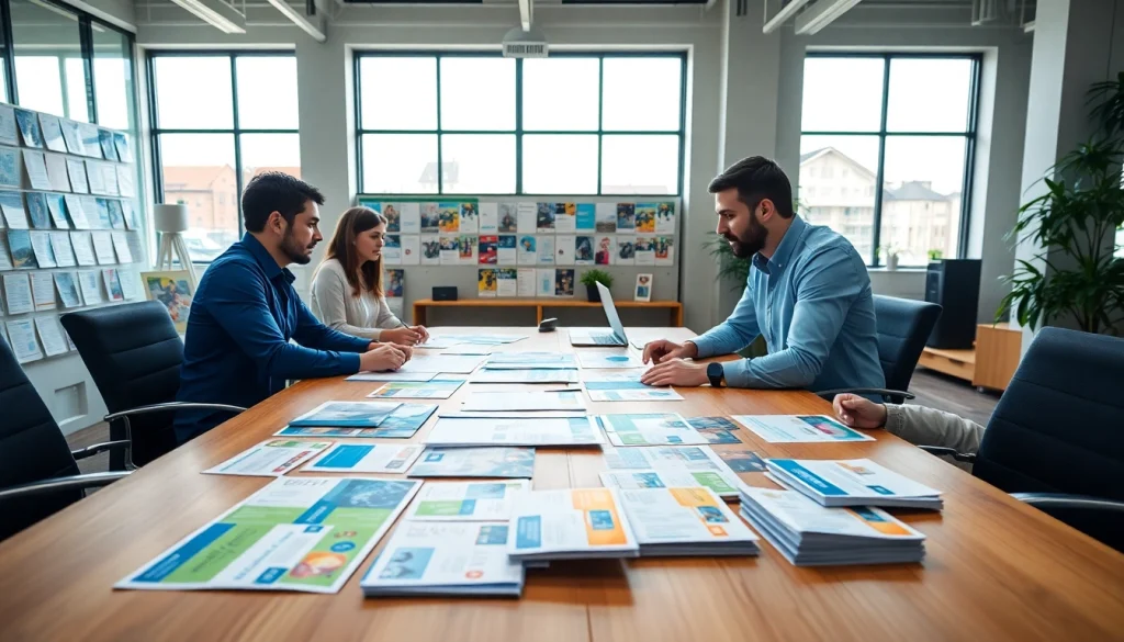 Team collaborating at a direct mail company, reviewing vibrant design materials.